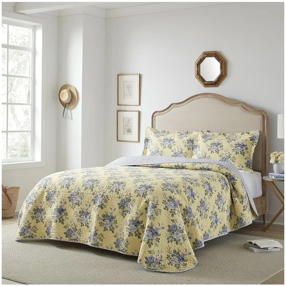 Laura Ashley Twin Quilt Set Reversible Cotton Bedding With Marching Sham Light